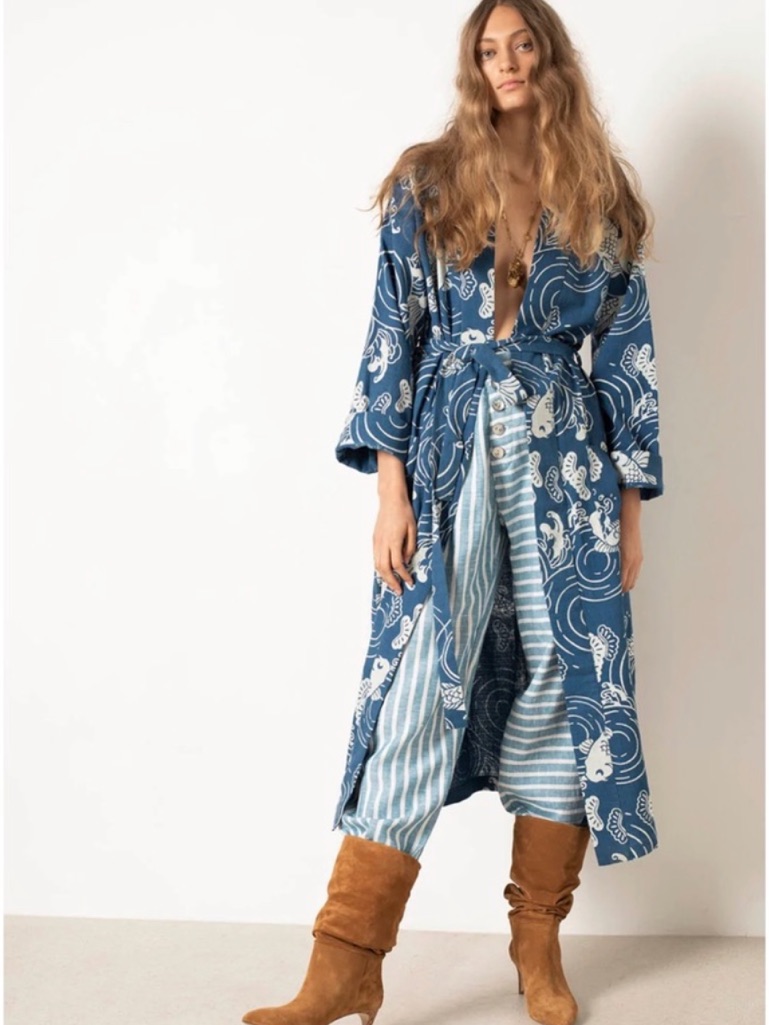 Alix Of Bohemia Blue Koi Fish Print Cotton Duster Robe Kimono Jacket Medium